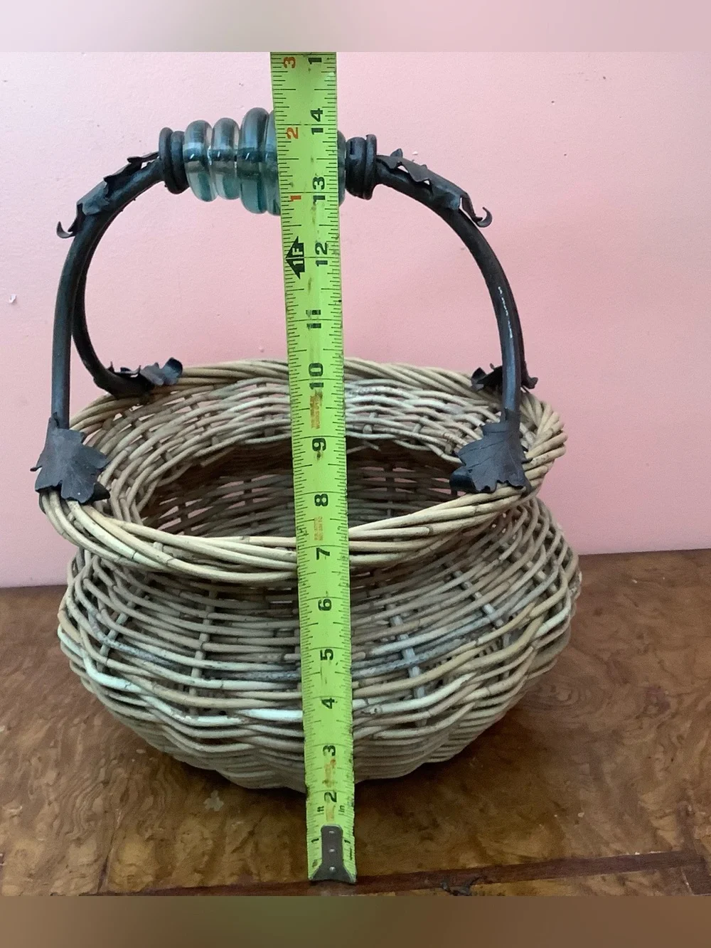 Vintage Handmade Wicker Basket, Wrought Iron Handle, Glass Rings & Oak Leaves